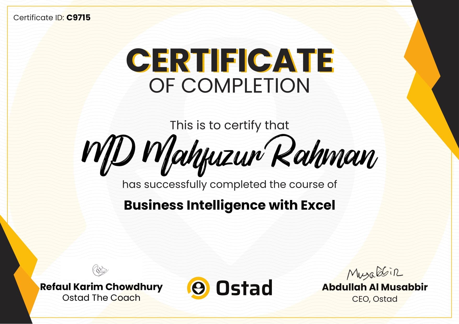 Business Intelligence with Excel Certificate